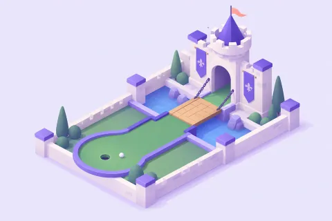 Illustration of 18 holes at Fairway Folly, the mini golf demo venue